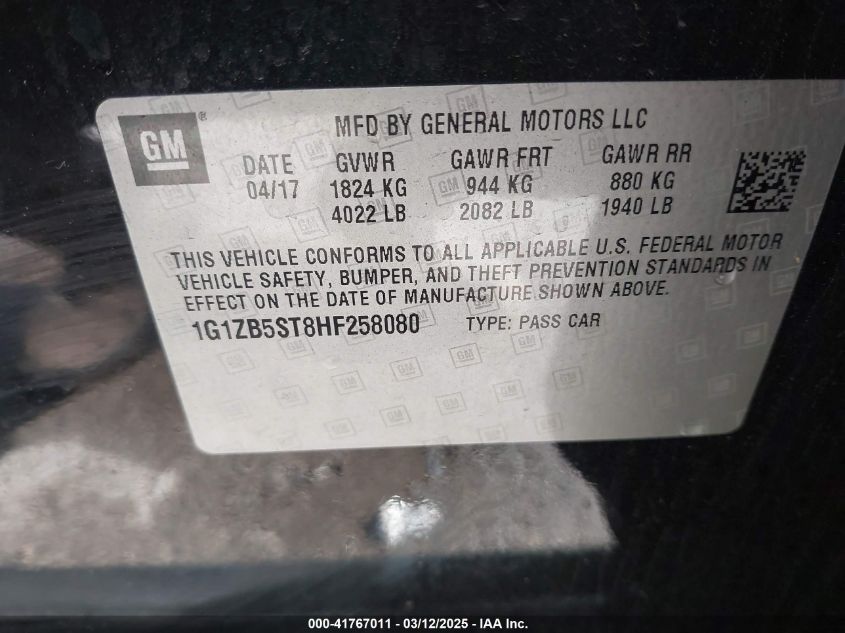 2017 Chevrolet Malibu Ls VIN: 1G1ZB5ST8HF258080 Lot: 41767011