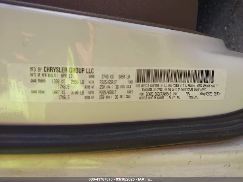 2012 CHRYSLER TOWN & COUNTRY VIN: 2C4RC1BG6CR349043