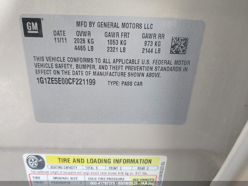 2012 CHEVROLET MALIBU VIN: 1G1ZE5E00CF221199