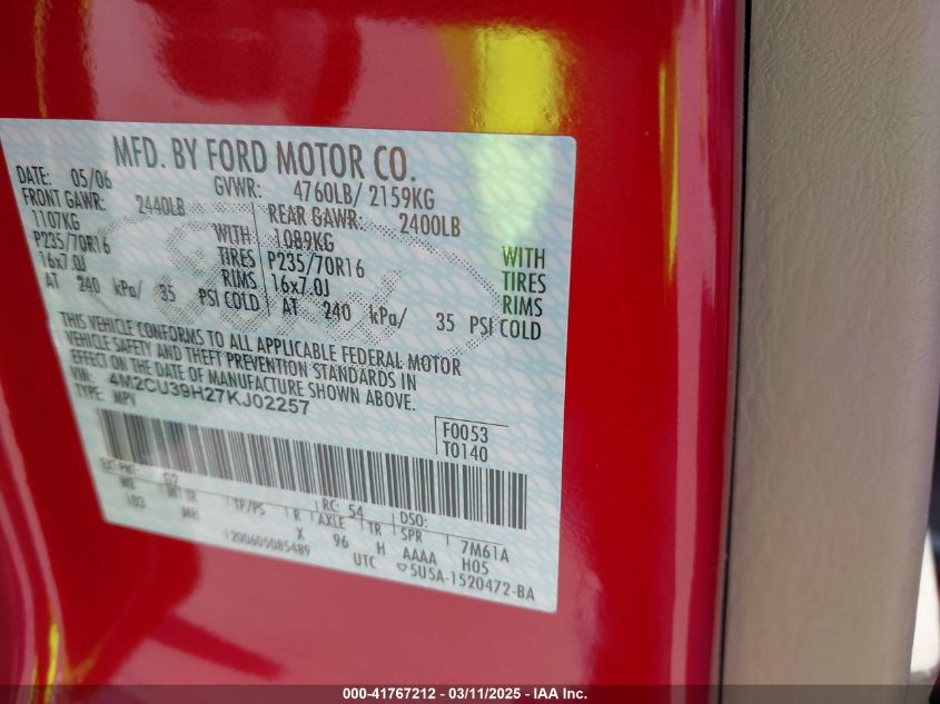 2007 Mercury Mariner Hev VIN: 4M2CU39H27KJ02257 Lot: 41767212