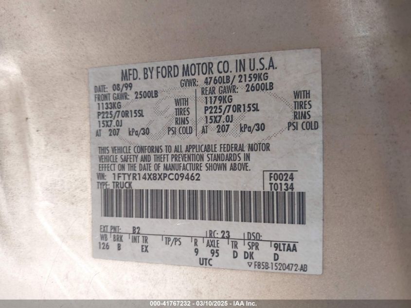 1999 Ford Ranger Xlt VIN: 1FTYR14X8XPC09462 Lot: 41767232