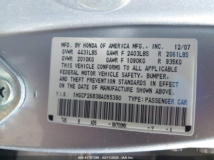 2008 HONDA ACCORD VIN: 1HGCP26838A055390