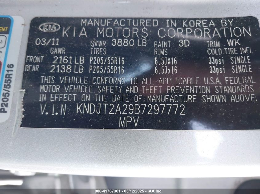 2011 Kia Soul + VIN: KNDJT2A29B7297772 Lot: 41767301
