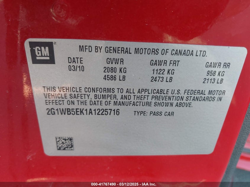 2010 CHEVROLET IMPALA VIN: 2G1WB5EK1A1225716