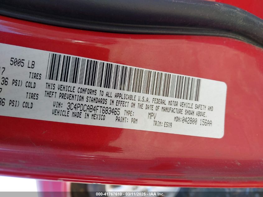 2015 Dodge Journey American Value Pkg VIN: 3C4PDCAB4FT683465 Lot: 41767610