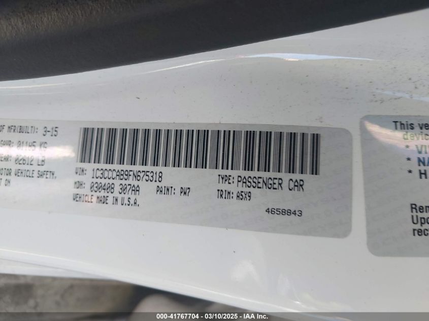 2015 Chrysler 200 Limited VIN: 1C3CCCAB9FN675318 Lot: 41767704