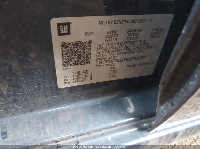 2021 CHEVROLET SILVERADO 1500 VIN: 1GCPWCED3MZ205727