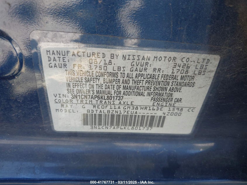 2019 NISSAN VERSA VIN: 3N1CN7AP6KL801737