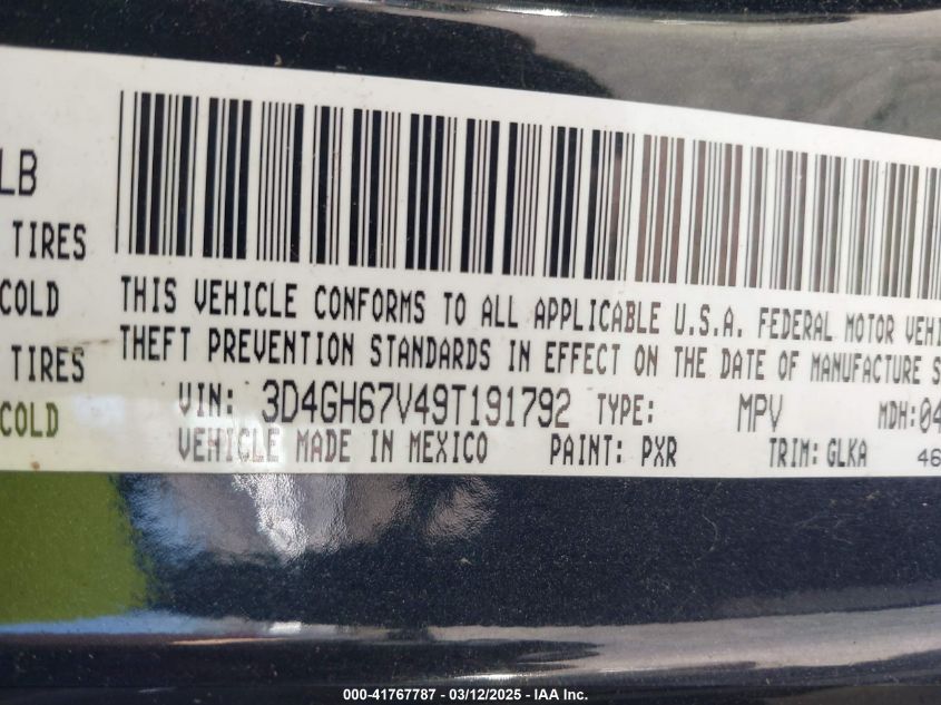 2009 Dodge Journey R/T VIN: 3D4GH67V49T291792 Lot: 41767787