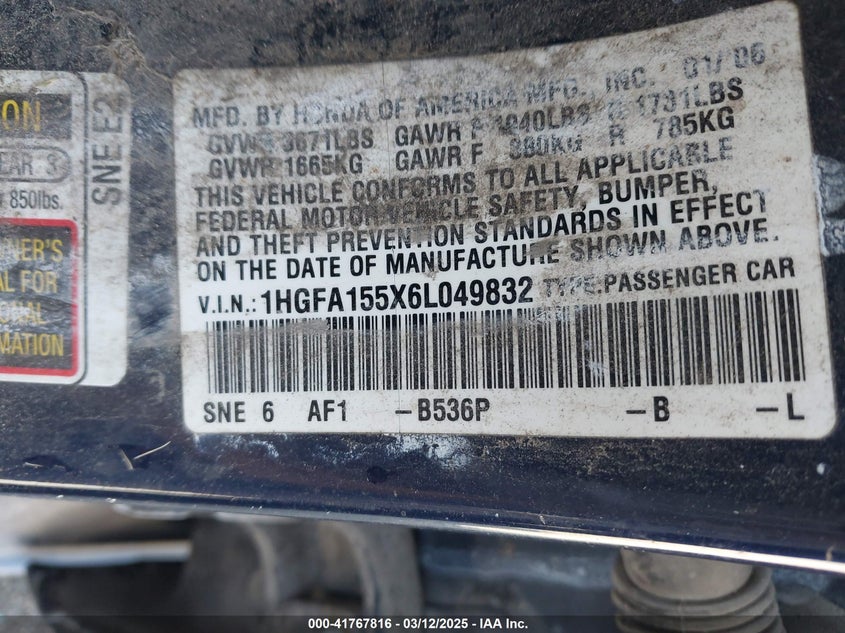 2006 HONDA CIVIC VIN: 1HGFA155X6L049832