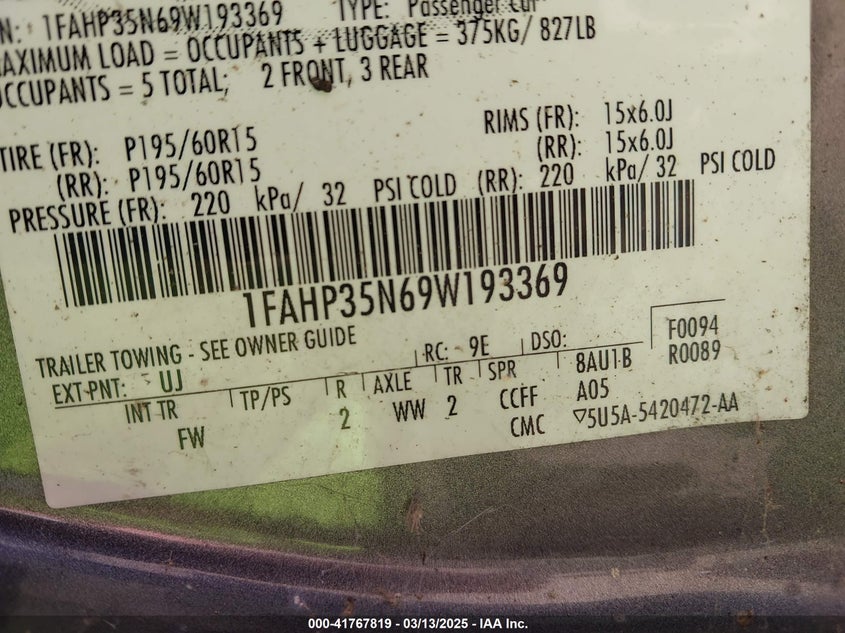2009 FORD FOCUS VIN: 1FAHP35N69W193369
