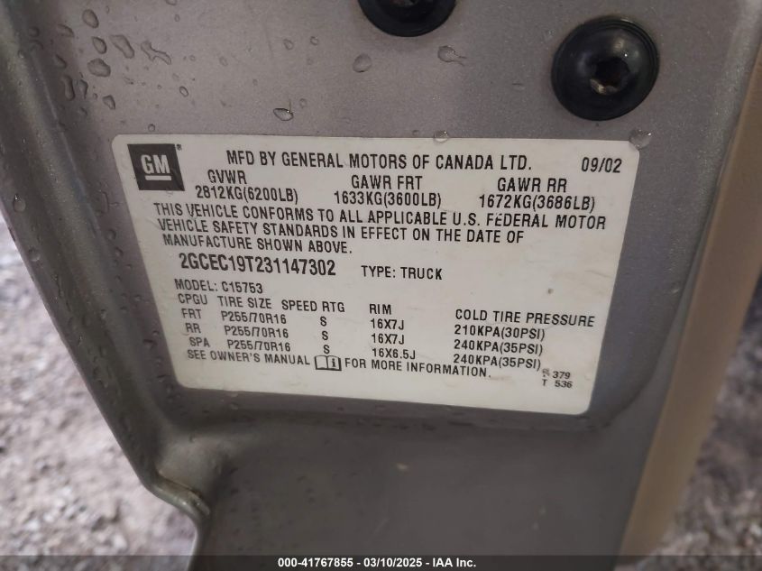 2003 Chevrolet Silverado 1500 Ls VIN: 2GCEC19T231147302 Lot: 41767855