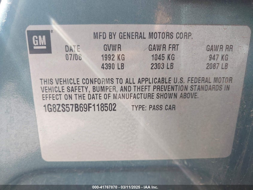 2009 SATURN AURA VIN: 1G8ZS57B69F118502