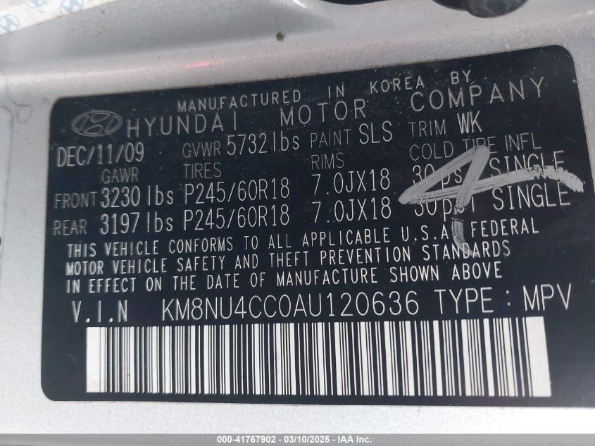 2010 Hyundai Veracruz Limited VIN: KM8NU4CC0AU120636 Lot: 41767902