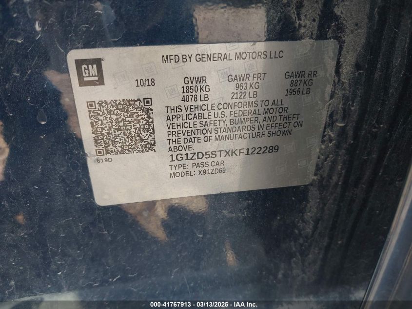 2019 Chevrolet Malibu Lt VIN: 1G1ZD5STXKF122289 Lot: 41767913