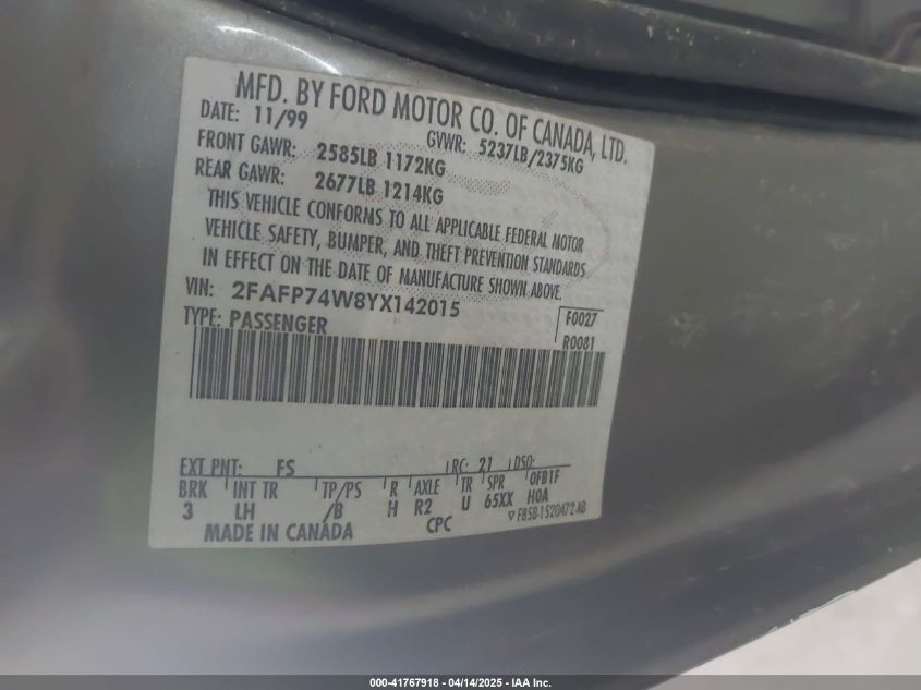 2000 Ford Crown Victoria Lx VIN: 2FAFP74W8YX142015 Lot: 41767918