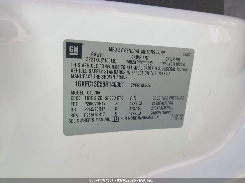 2008 GMC Yukon Sle VIN: 1GKFC13C58R140361 Lot: 41767931