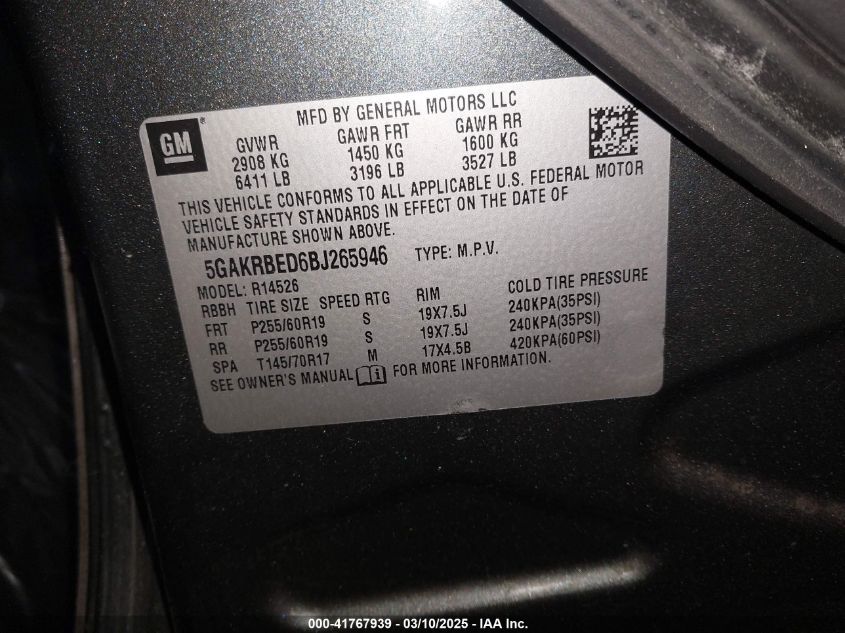 2011 Buick Enclave 1Xl VIN: 5GAKRBED6BJ265946 Lot: 41767939