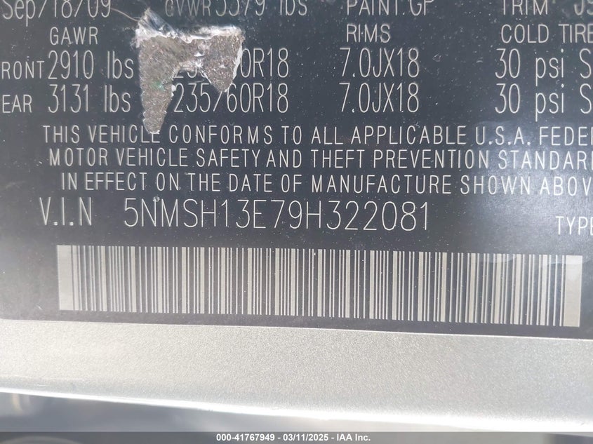 2009 HYUNDAI SANTA FE VIN: 5NMSH13E79H322081