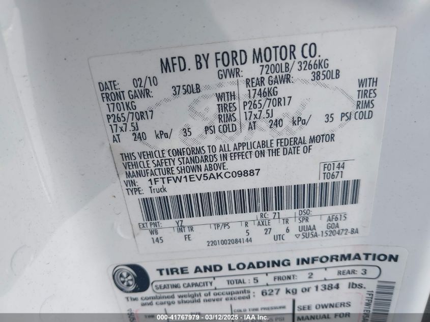 2010 Ford F-150 Fx4/Harley-Davidson/King Ranch/Lariat/Platinum/Xl/Xlt VIN: 1FTFW1EV5AKC09887 Lot: 41767979