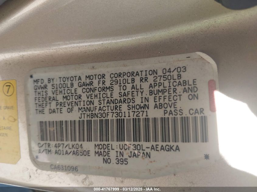 2003 Lexus Ls 430 VIN: JTHBN30F730117271 Lot: 41767999