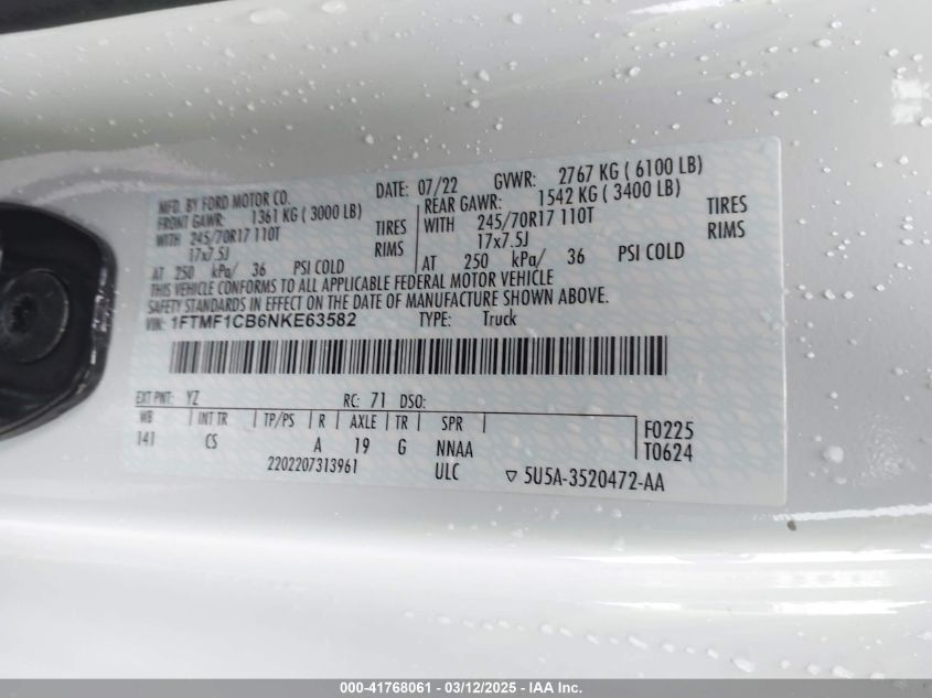 2022 Ford F-150 Xl VIN: 1FTMF1CB6NKE63582 Lot: 41768061