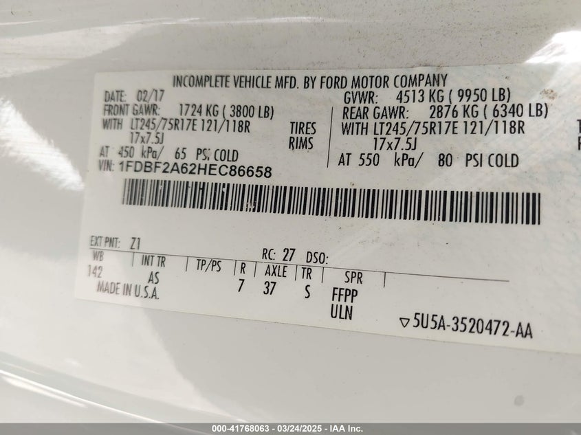 2017 FORD F-250 VIN: 1FDBF2A62HEC86658