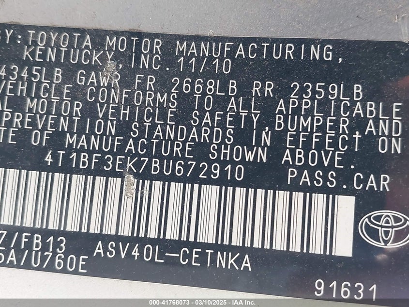 2011 TOYOTA CAMRY VIN: 4T1BF3EK7BU672910