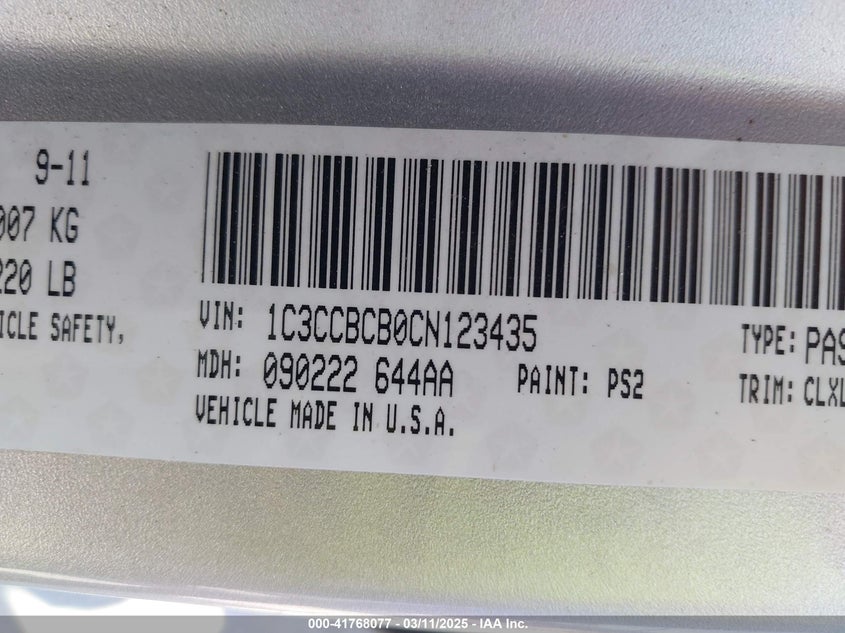 2012 CHRYSLER 200 VIN: 1C3CCBCB0CN123435