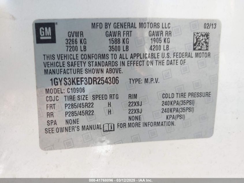 2013 Cadillac Escalade Esv Platinum Edition VIN: 1GYS3KEF3DR254306 Lot: 41768096