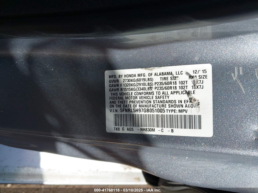 2016 HONDA ODYSSEY TOURING/TOURING ELITE - 5FNRL5H97GB051005