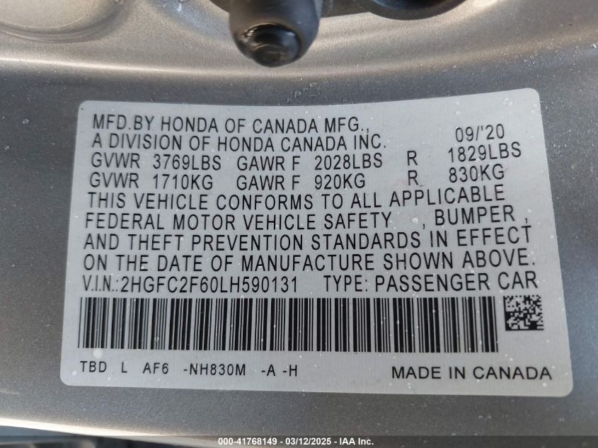 2020 Honda Civic Lx VIN: 2HGFC2F60LH590131 Lot: 41768149