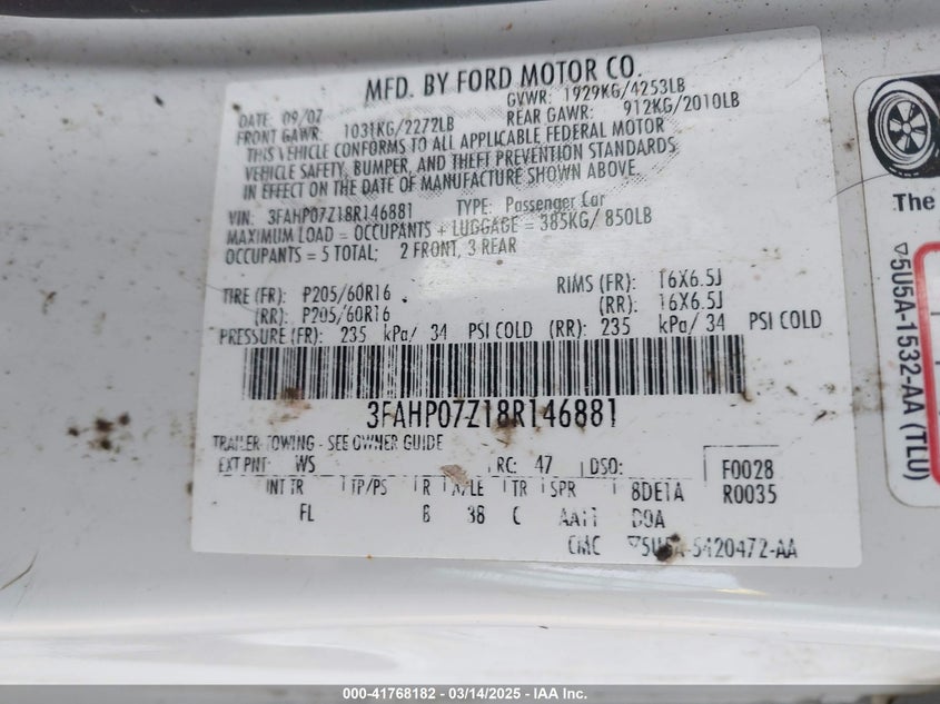 2008 FORD FUSION VIN: 3FAHP07Z18R146881