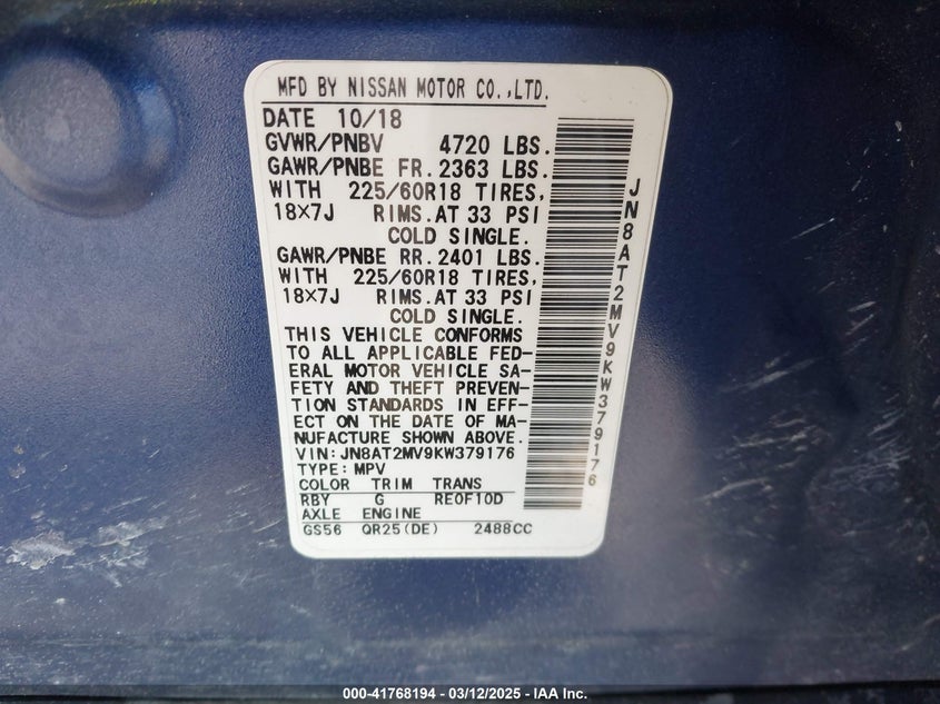 2019 NISSAN ROGUE VIN: JN8AT2MV9KW379176