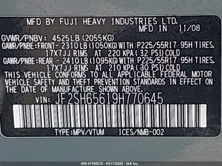 2009 Subaru Forester 2.5Xt VIN: JF2SH65619H770645 Lot: 41768218