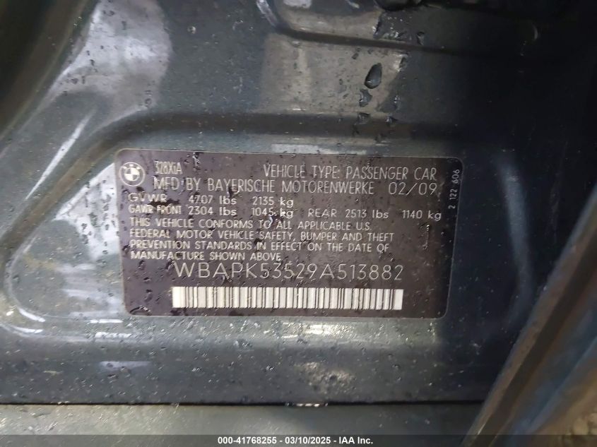 2009 BMW 328I xDrive VIN: WBAPK53529A513882 Lot: 41768255