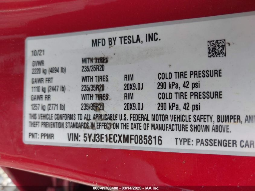 2021 Tesla Model 3 Performance Dual Motor All-Wheel Drive VIN: 5YJ3E1ECXMF085816 Lot: 41768408