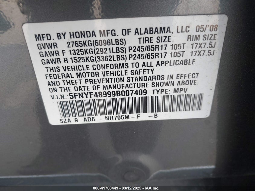 2009 HONDA PILOT VIN: 5FNYF48999B007409