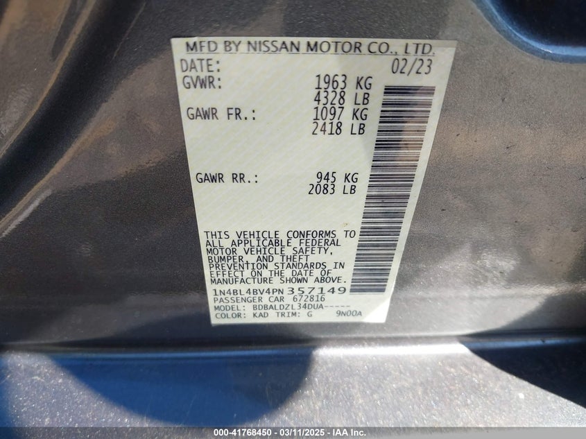 2023 NISSAN ALTIMA VIN: 1N4BL4BV4PN357149