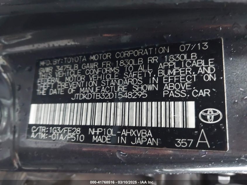 2013 Toyota Prius C One VIN: JTDKDTB32D1548295 Lot: 41768516