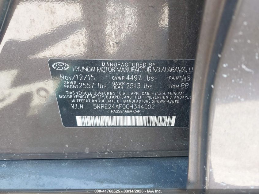 2016 Hyundai Sonata Se VIN: 5NPE24AF0GH344502 Lot: 41768525