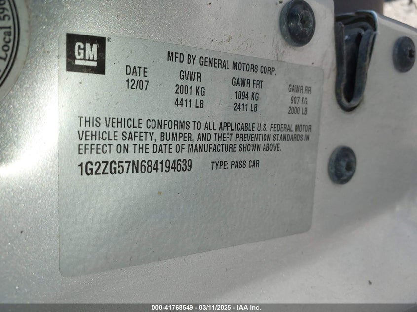 2008 PONTIAC G6 VIN: 1G2ZG57N684194639