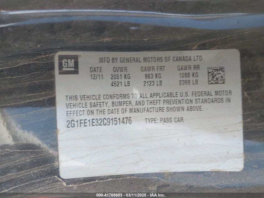 2012 CHEVROLET CAMARO VIN: 2G1FE1E32C9151476