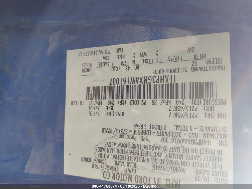 2010 Ford Focus Ses VIN: 1FAHP3GNXAW161087 Lot: 41768674