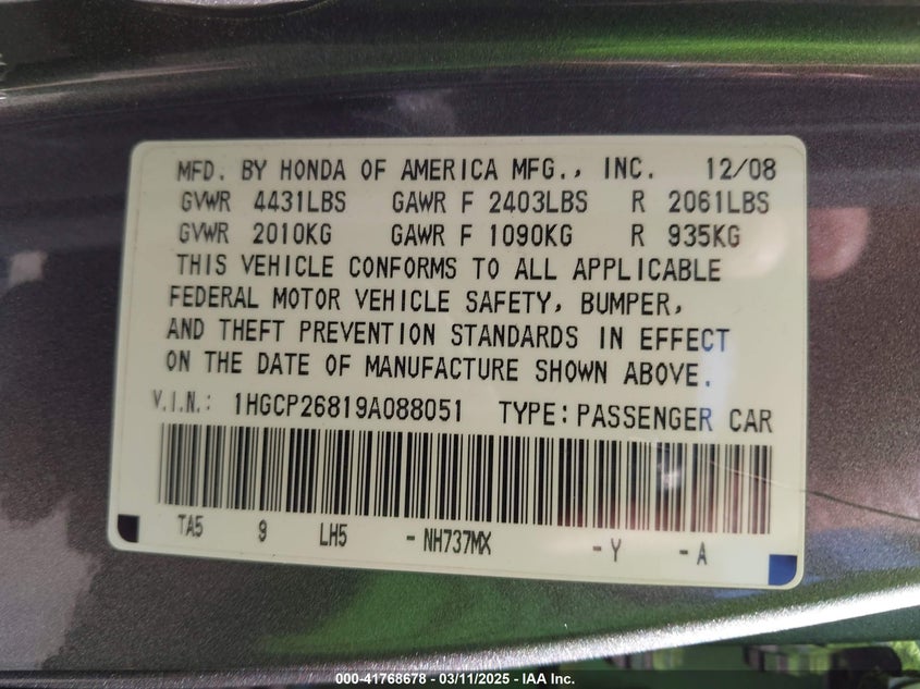 2009 HONDA ACCORD VIN: 1HGCP26819A088051