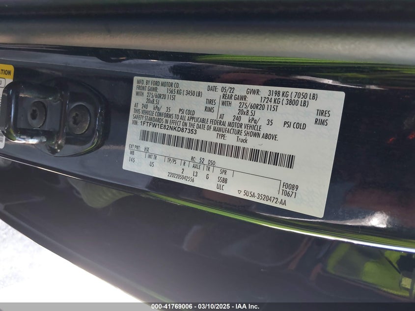 2022 FORD F-150 VIN: 1FTFW1E82NKD87353