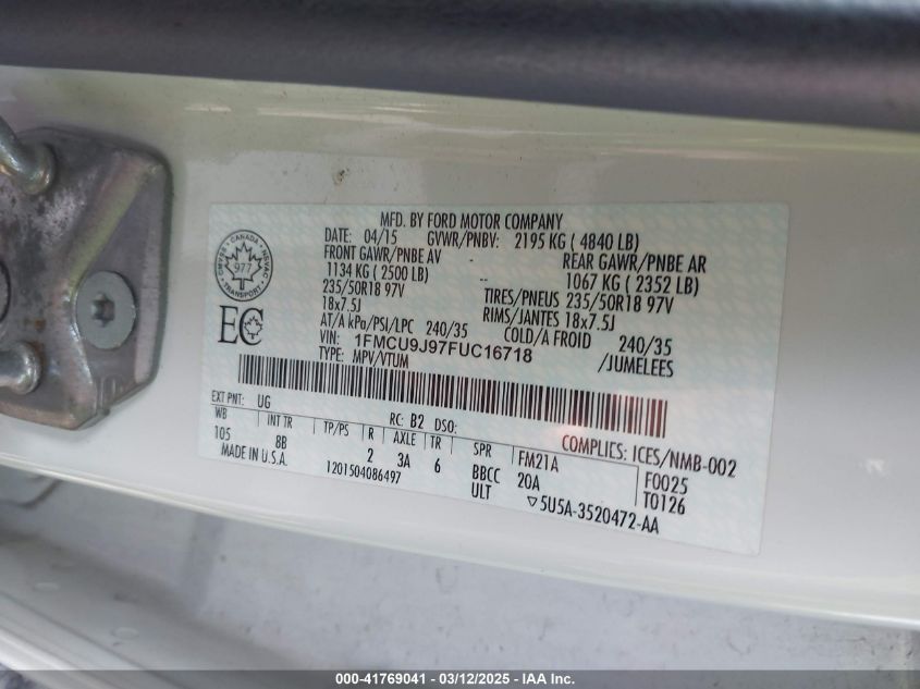 2015 Ford Escape Titanium VIN: 1FMCU9J97FUC16718 Lot: 41769041