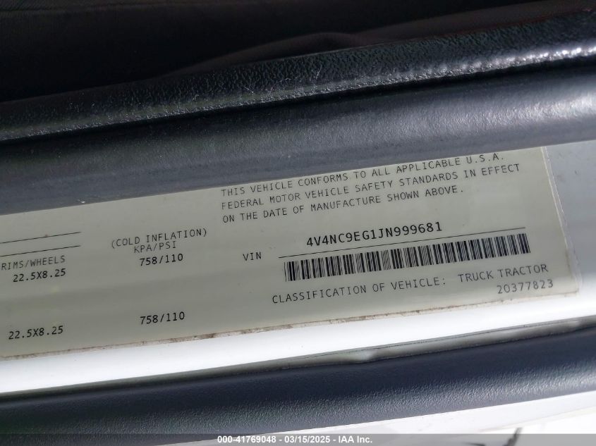 2018 Volvo Vnl VIN: 4V4NC9EG1JN999681 Lot: 42846025