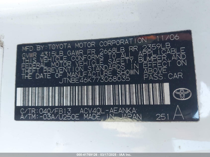 2007 TOYOTA CAMRY VIN: JTNBE46K773068035