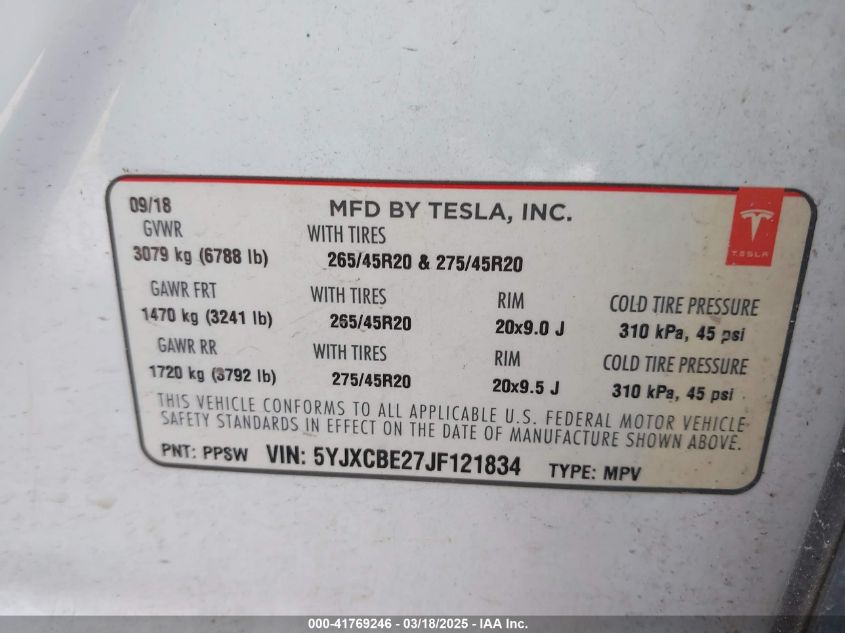 2018 Tesla Model X 100D/75D/P100D VIN: 5YJXCBE27JF121834 Lot: 41769246